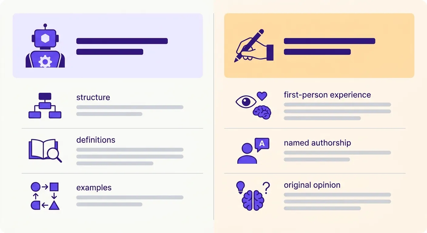 E-E-A-T experience signal diagram showing what AI can draft vs. what only humans can add