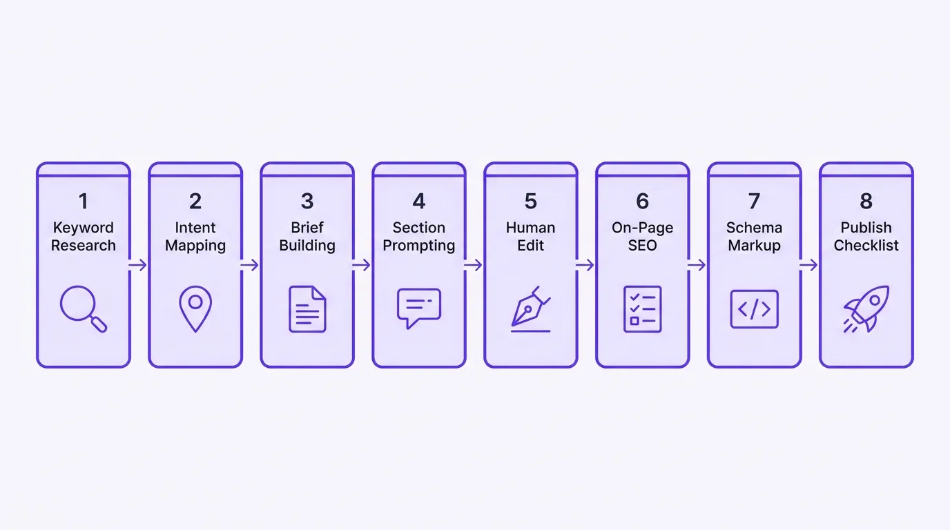Complete AI SEO article workflow showing 8 stages from keyword research to publish
