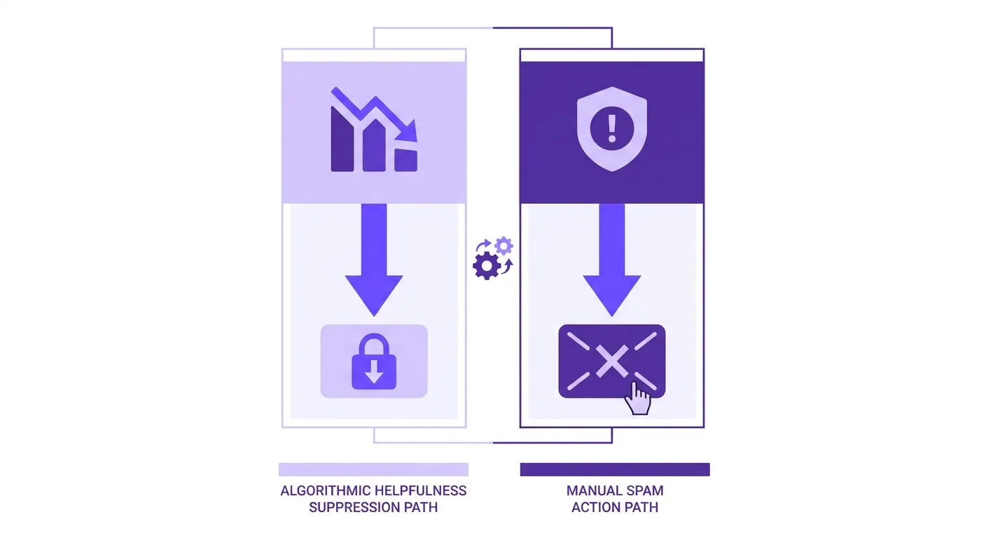 Diagram showing Google's two-track enforcement: helpfulness suppression vs. spam policy manual action for AI content