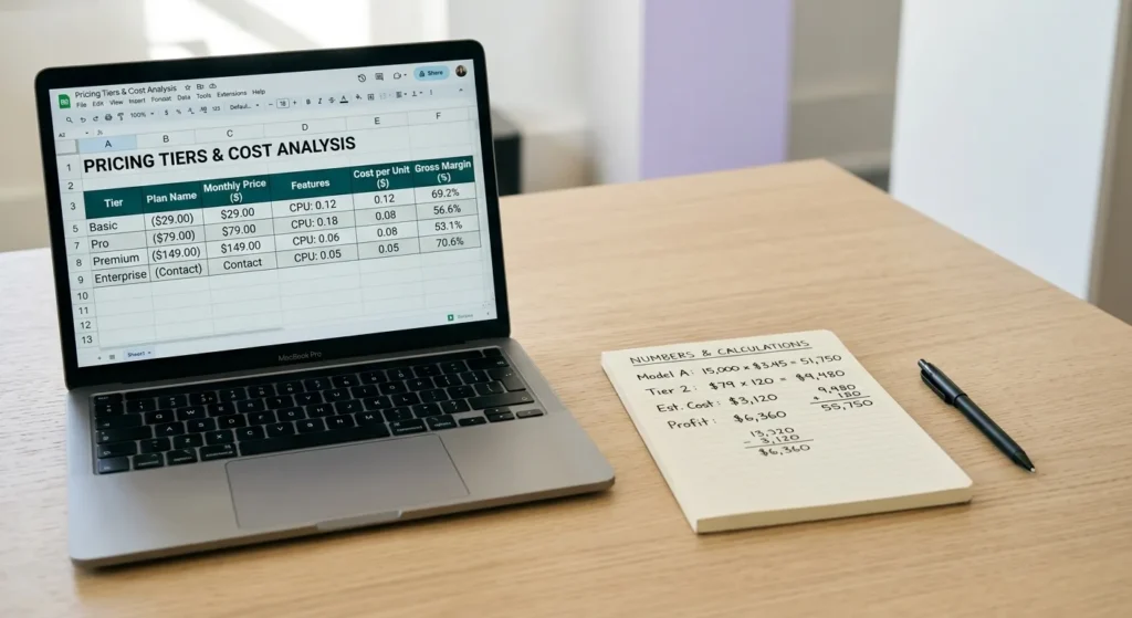 Laptop displaying AI content pricing tiers alongside handwritten cost calculations on a desk notebook