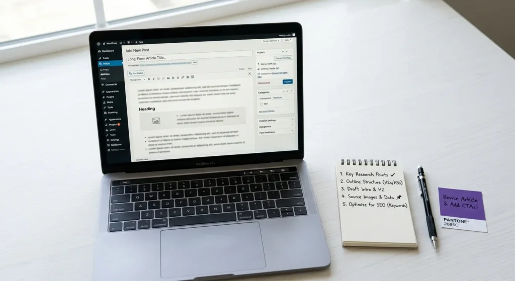 WordPress dashboard open on a MacBook showing an AI content plugin interface for writing SEO articles in 2026