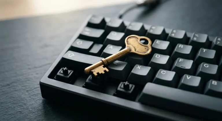 Brass key resting on a mechanical keyboard symbolizing BYOK AI writing tools that use your own API key