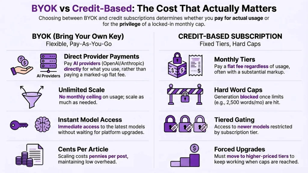 Infographic comparing BYOK vs credit-based WordPress AI pricing: per-article cost, caps, and model access.