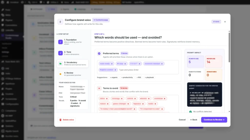Contentosapp Studio Brand Voice settings in WordPress showing saved writing samples, tone, vocabulary, and an author persona applied to every article automatically