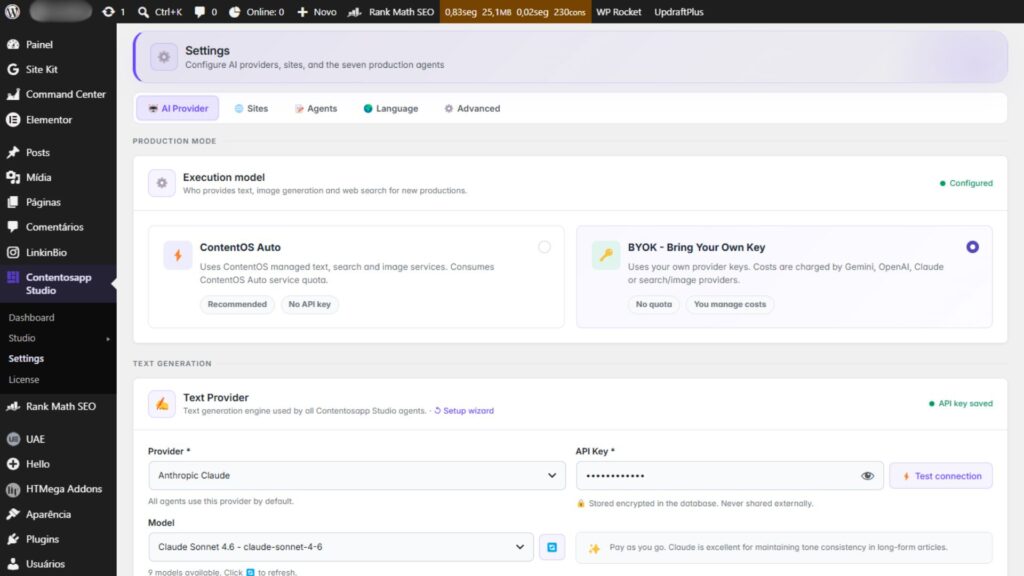 The Contentosapp Studio settings screen in WordPress showing the AI provider selector and an API key field with the key masked, used to connect your own OpenAI, Gemini, or Claude key