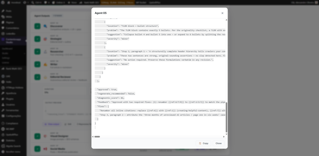 Contentosapp Studio Editorial Reviewer agent output showing a structured pass/fail review of an AI draft across factuality, sourcing, and originality before the article is approved