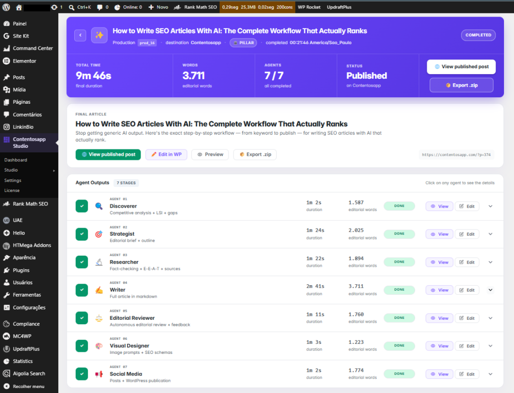 Contentosapp Studio production view showing a seven-agent SEO content pipeline — Discoverer, Strategist, Researcher, Writer, Editorial Reviewer, Visual Designer, and Social — all completed for one article