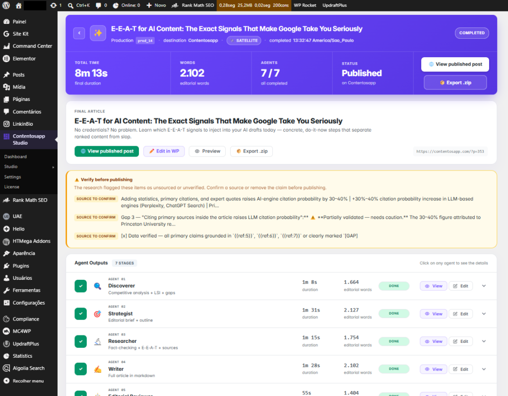 Contentosapp Studio's "Verify before publishing" panel flagging claims in an AI-drafted article for human fact-checking before the post goes live