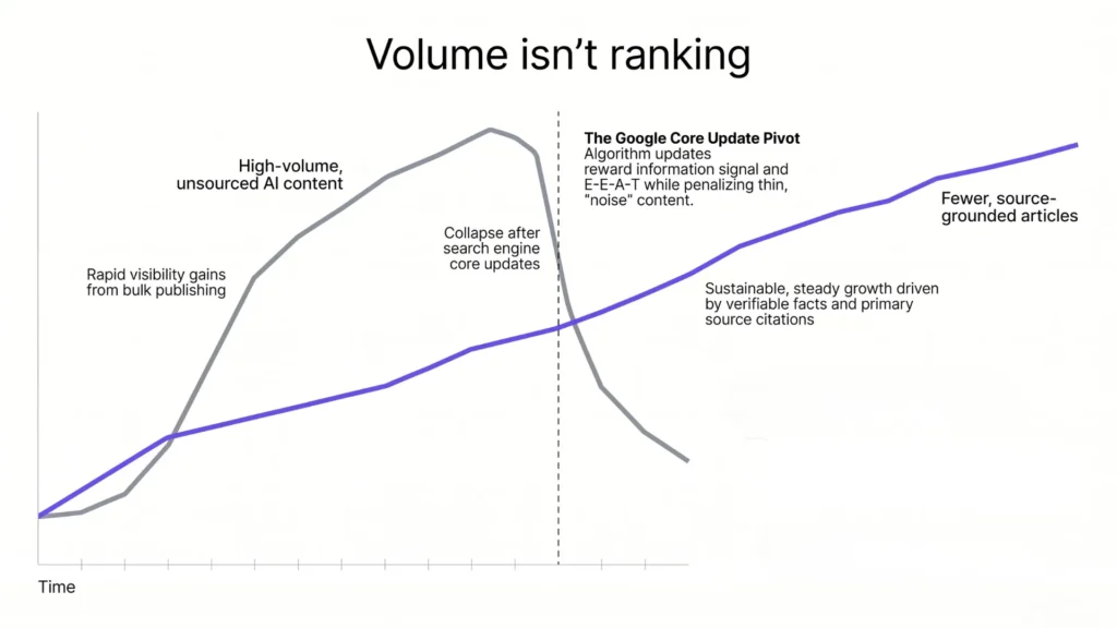 Line chart: high-volume unsourced AI content spikes then drops after a Google core update, while fewer source-grounded articles climb steadily.