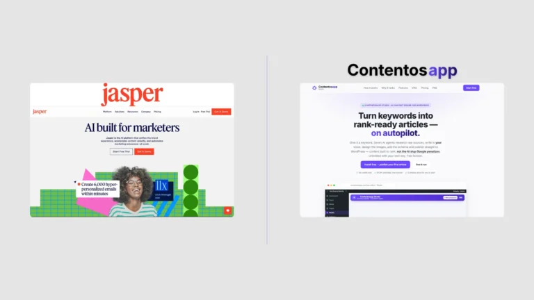 Split-screen editorial illustration comparing Contentosapp Studio's WordPress pipeline vs Jasper's SaaS marketing editor