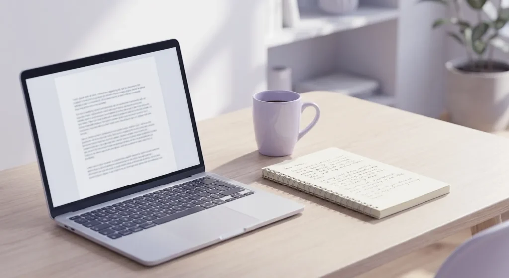 Laptop on a desk displaying written content, representing the question of whether Google penalizes AI-generated articles in 2026