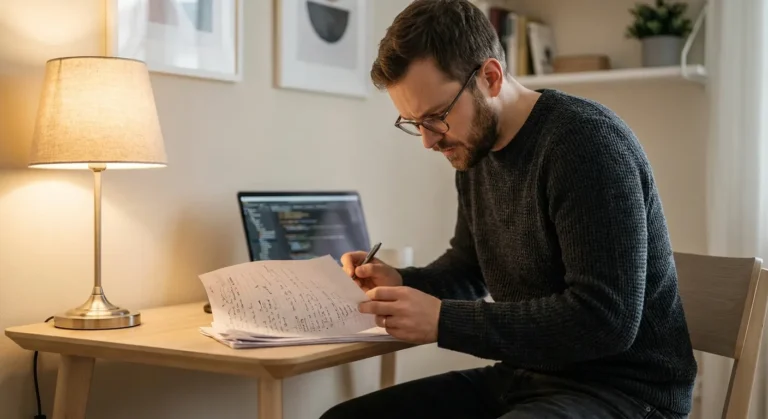 Content creator reviewing an AI-generated article draft with handwritten E-E-A-T edits on printed paper