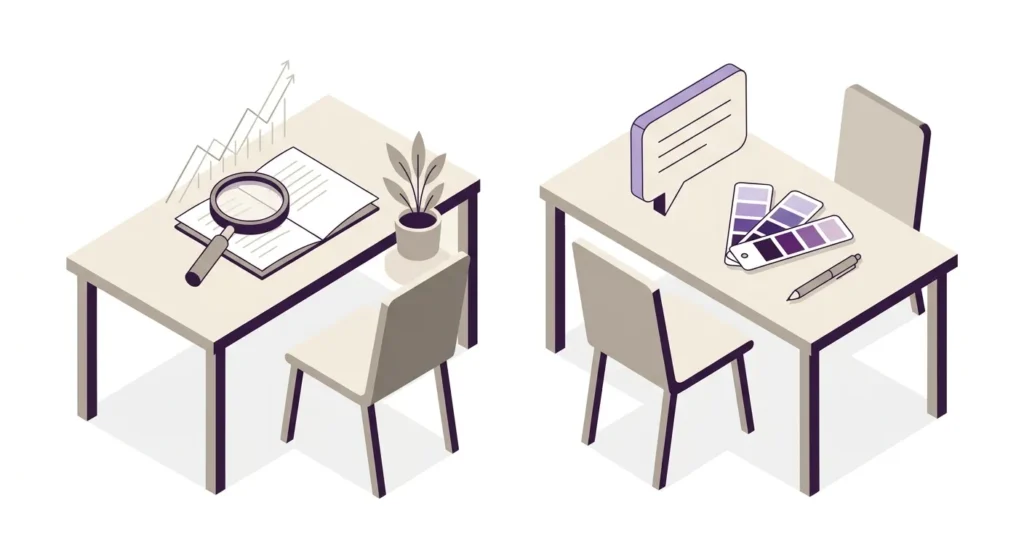 Frase vs Jasper illustrated as two distinct workstations — SEO research engine on the left, brand-voice copywriting platform on the right