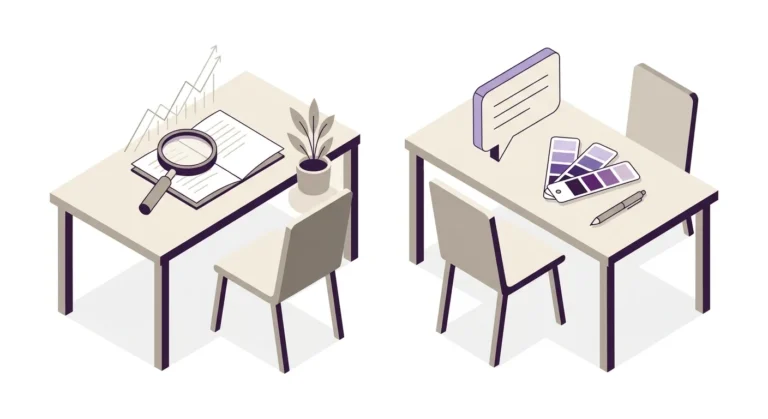 Frase vs Jasper illustrated as two distinct workstations — SEO research engine on the left, brand-voice copywriting platform on the right