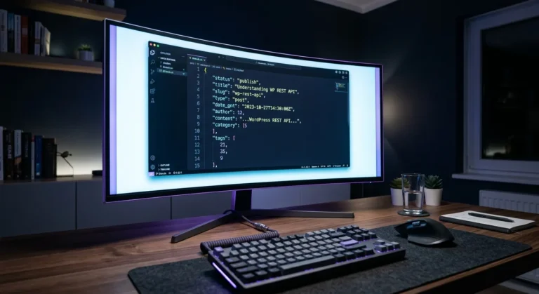Developer writing a WordPress REST API call to auto-publish AI content from a dark-mode code editor