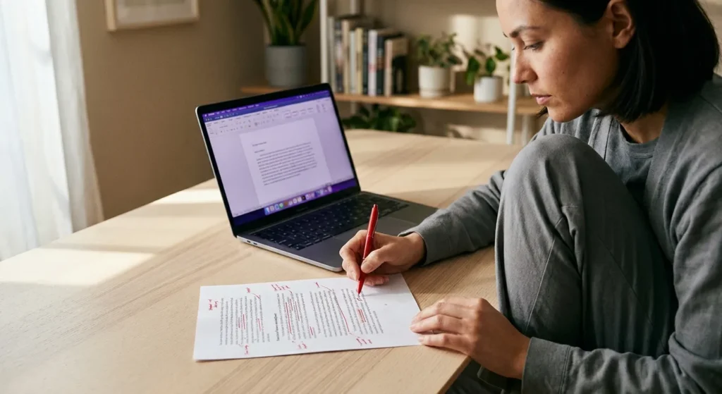 Person editing AI-generated content draft on paper with a red pen next to a laptop showing a text editor