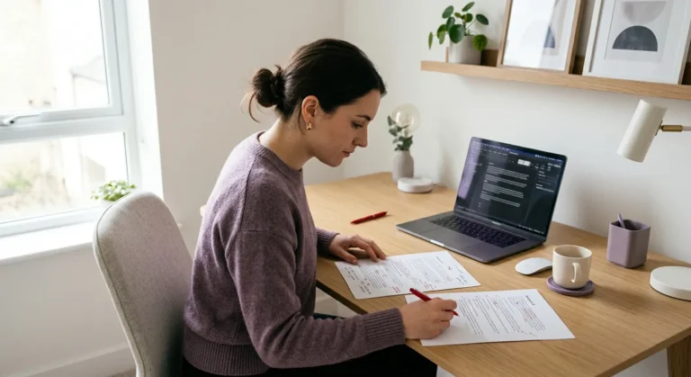 Content creator comparing two AI drafts on a desk to align brand voice with original writing style