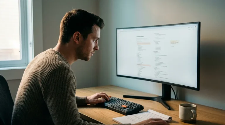 Content strategist reviewing a structured AI content brief on a monitor to make AI-written articles rank on Google
