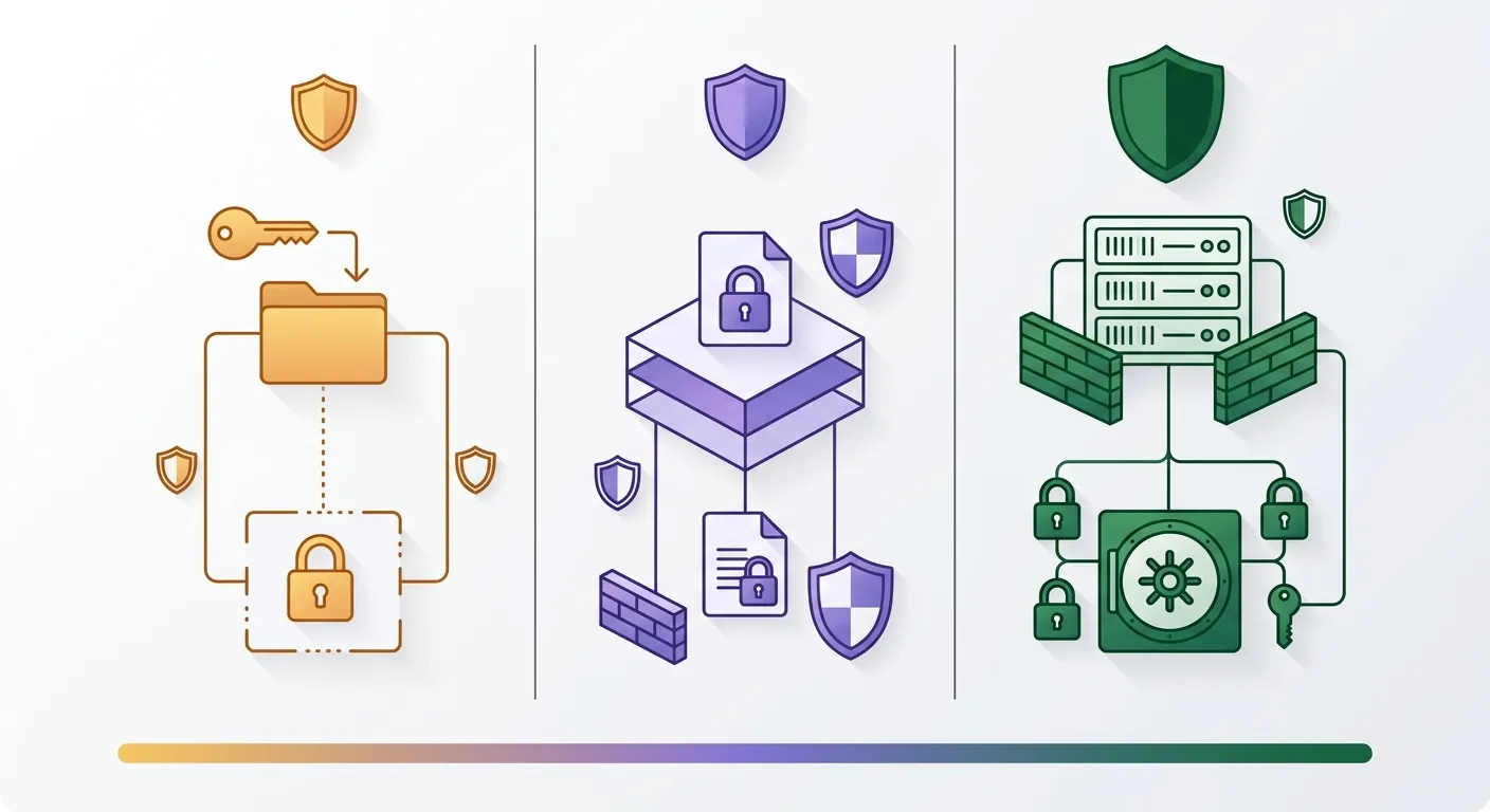 Diagram comparing three WordPress API key storage methods — Admin UI, wp-config.php constant, and environment variable — with security level indicators
