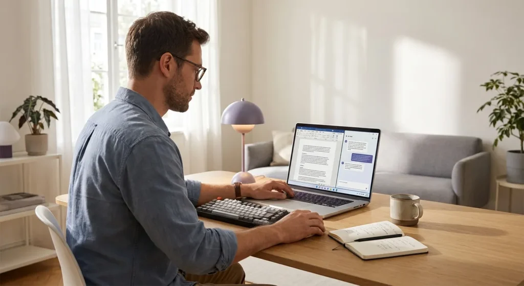 Content creator writing SEO articles with AI tools on a laptop, following a structured workflow in a home office