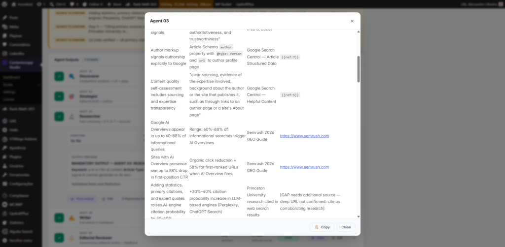 Contentosapp Studio Researcher agent output showing fact-checking and primary-source citations gathered to support an AI draft's claims for E-E-A-T sourcing