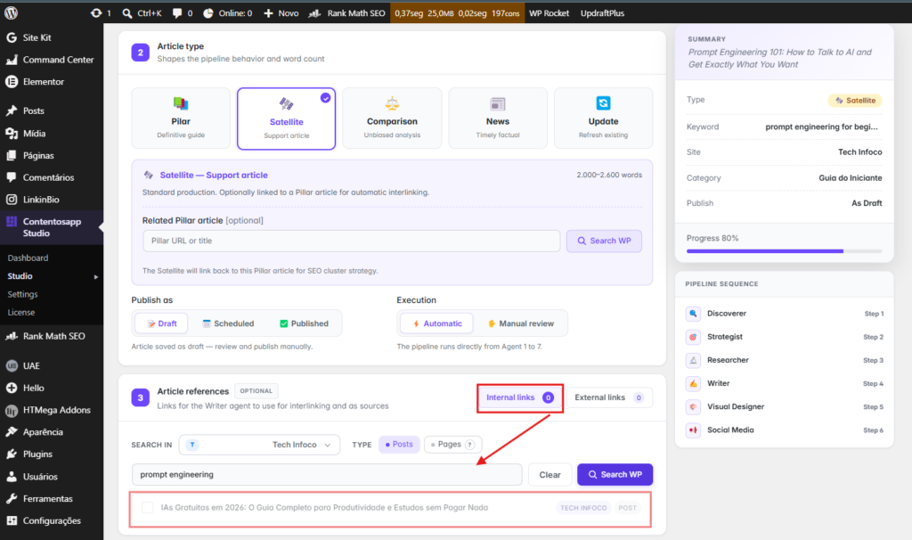 Contentosapp Studio internal-link selector showing real published URLs from the connected WordPress site