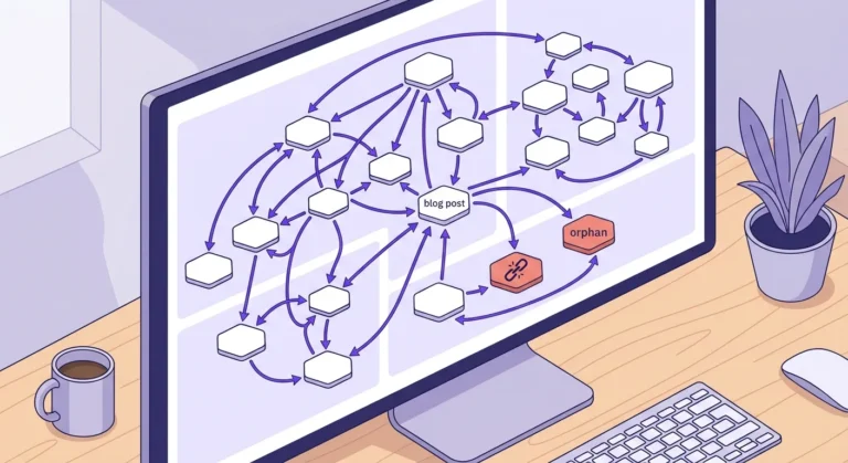 Site architecture diagram showing internal link clusters connecting AI-generated content posts with orphaned nodes highlighted