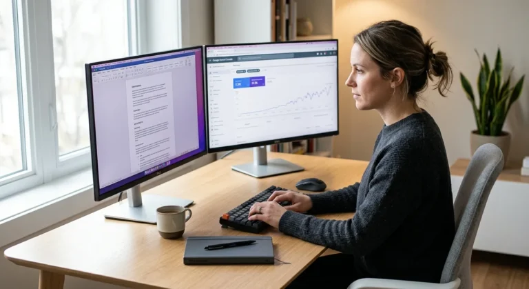 Content creator comparing Koala AI alternatives on dual monitors with search traffic trend visible in 2026