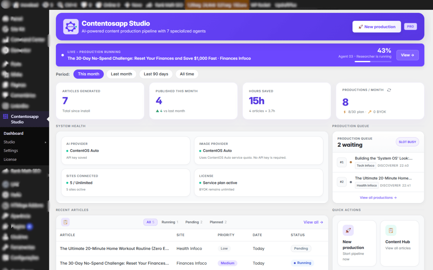Contentosapp Studio — Dashboard