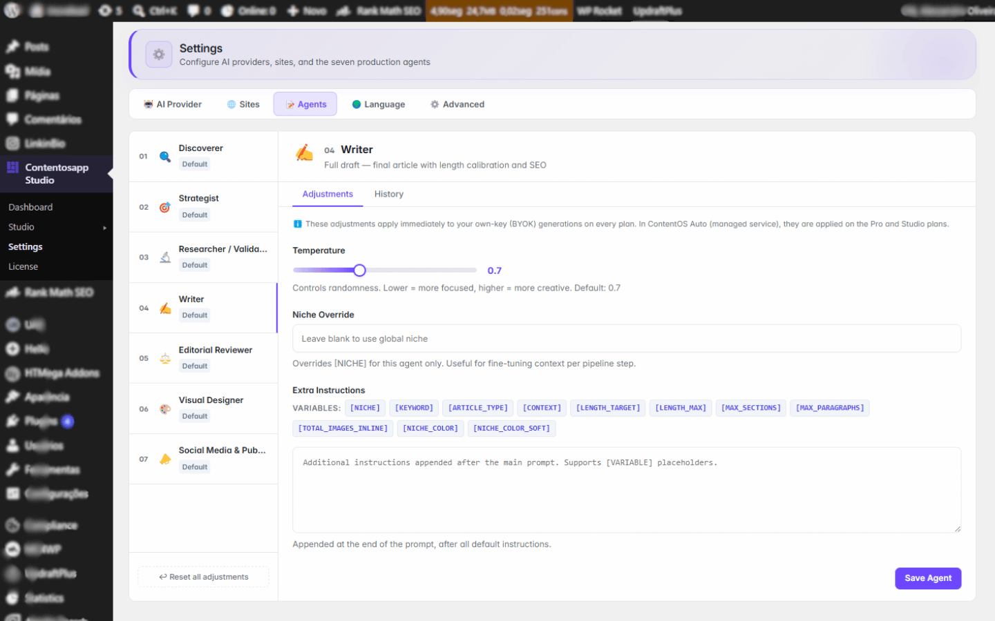 Contentosapp Studio — Customize agents