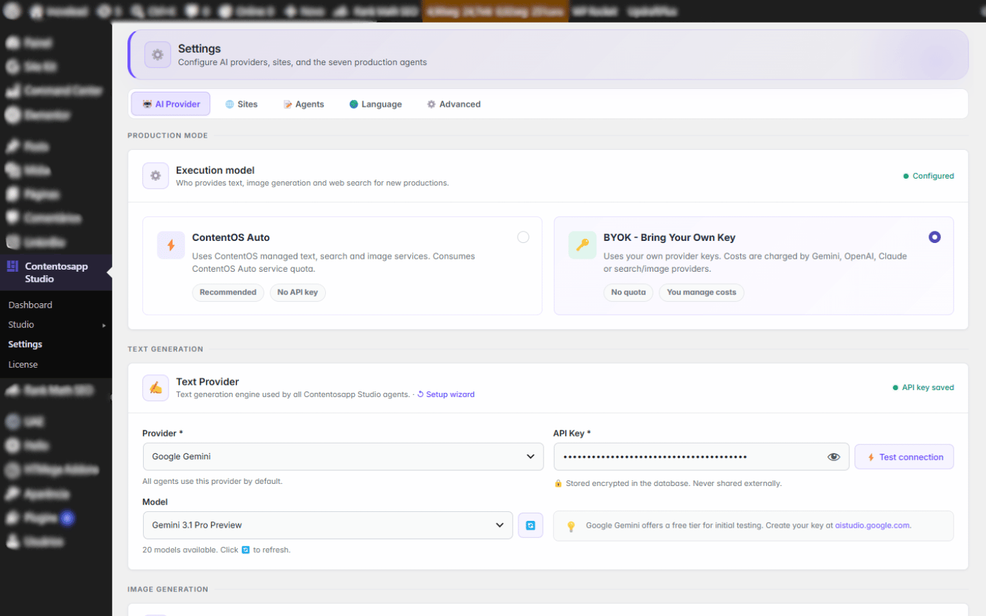 Contentosapp Studio — Bring your own AI keys