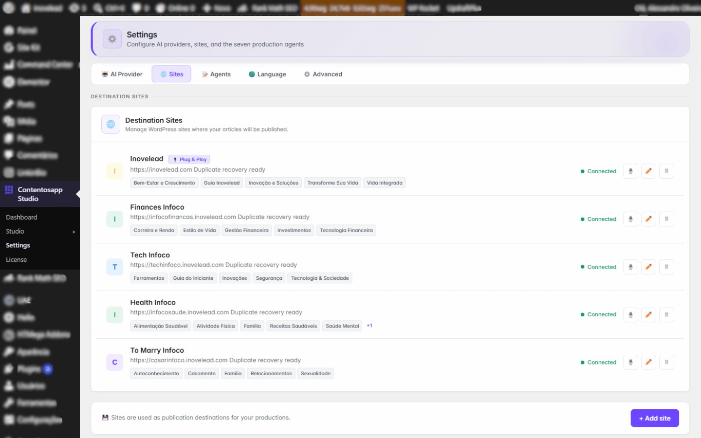 Contentosapp Studio — Connected sites