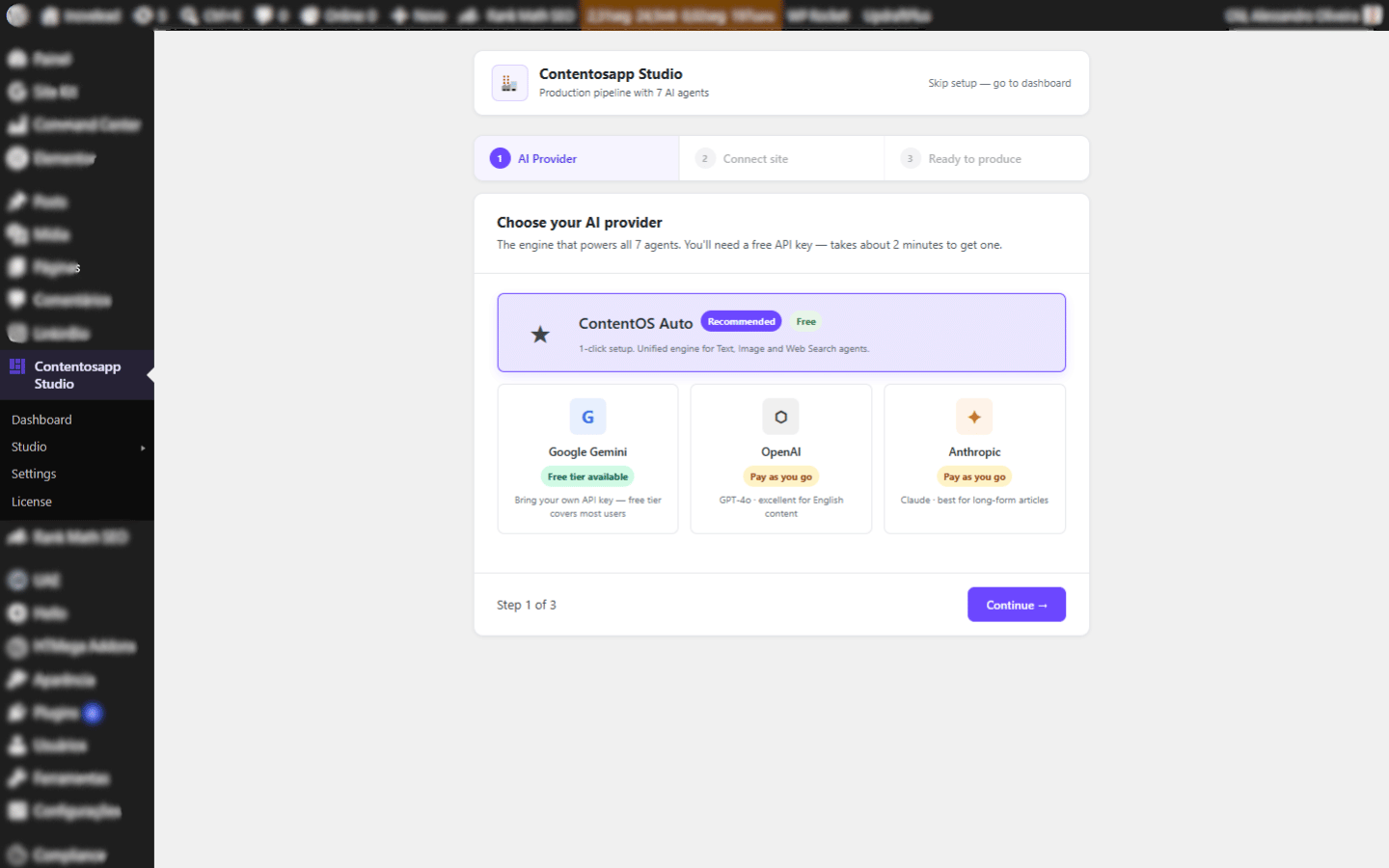 Contentosapp Studio — Setup wizard