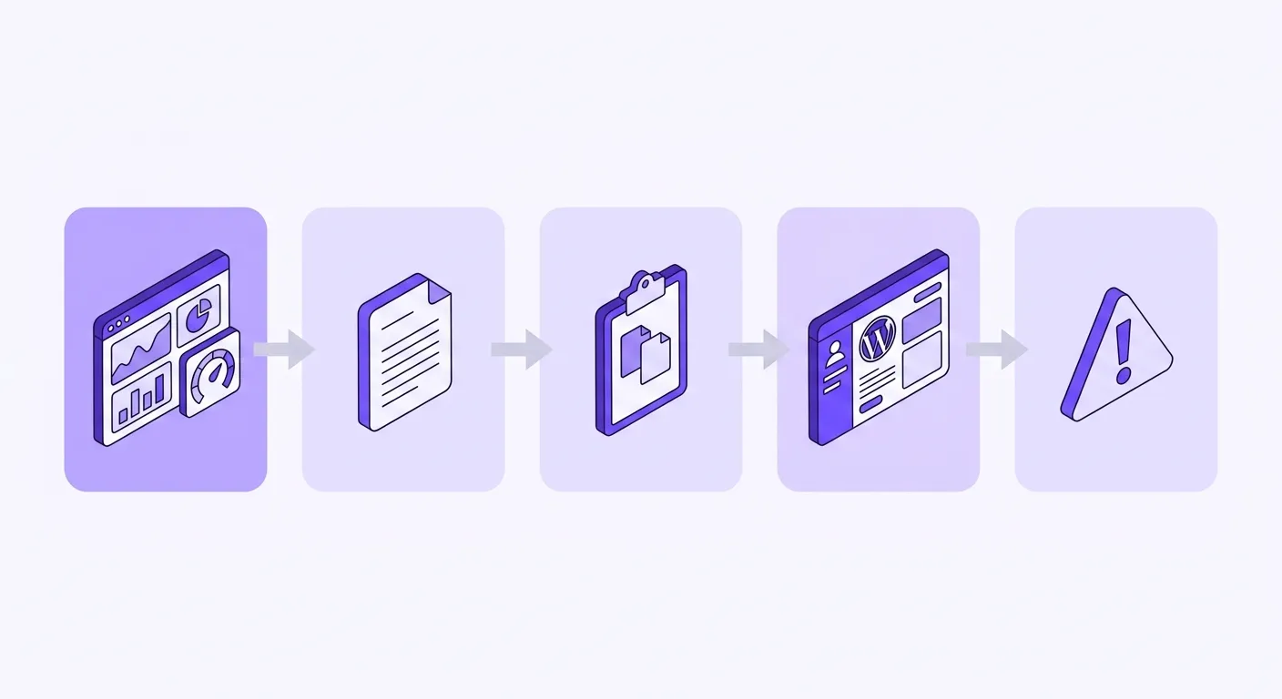 Diagram showing the optimize-then-paste workflow friction for WordPress publishers evaluating Surfer SEO alternatives