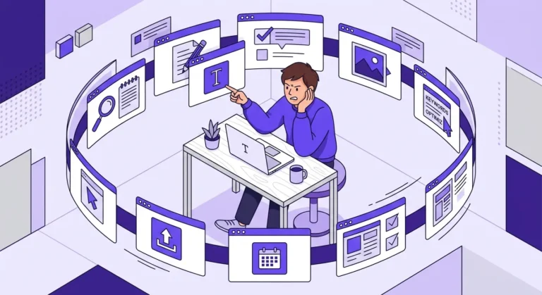 Solo content creator overwhelmed by a multi-step SEO tool workflow — illustrating the need for Surfer SEO alternatives