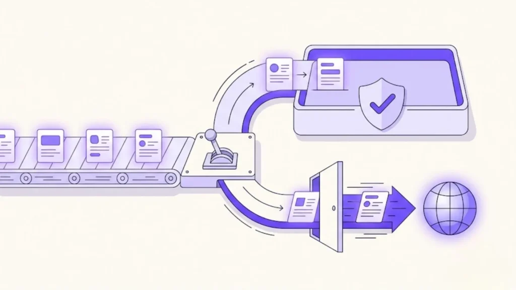 Content pipeline splitting at a review gate, routing AI posts into a human-review queue instead of publishing live automatically