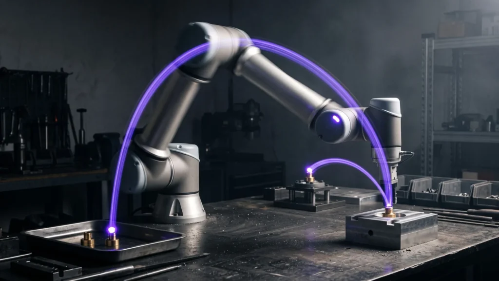 Long-exposure photo of a robotic arm completing a full multi-step task on its own, illustrating autonomous agentic AI versus step-by-step assisted tools