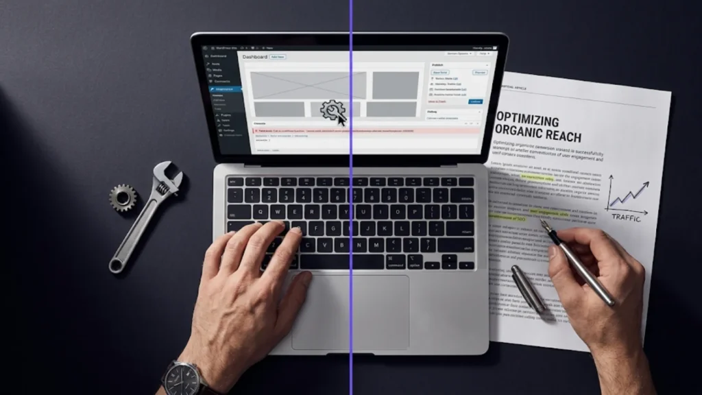 Laptop showing a WordPress dashboard being built and debugged next to a printed SEO article with a rising traffic graph, illustrating the two categories of agentic AI for WordPress