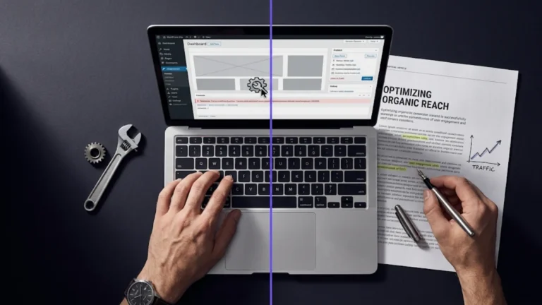 Laptop showing a WordPress dashboard being built and debugged next to a printed SEO article with a rising traffic graph, illustrating the two categories of agentic AI for WordPress