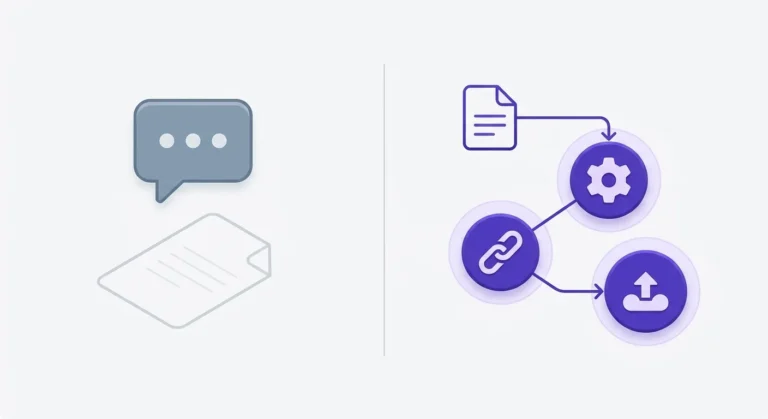 Conceptual illustration comparing a standalone ChatGPT workflow to a full AI content pipeline for SEO publishing