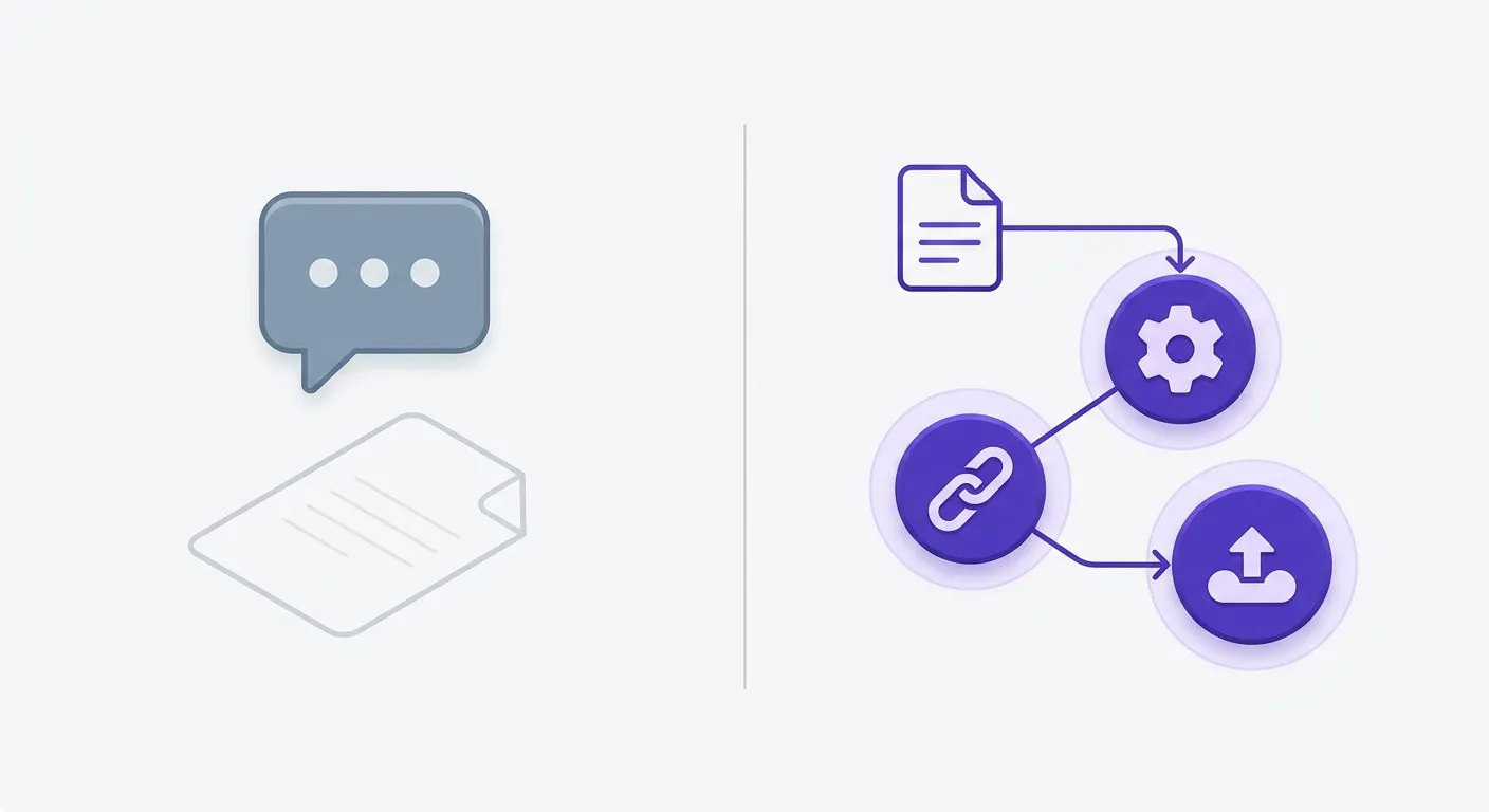 Conceptual illustration comparing a standalone ChatGPT workflow to a full AI content pipeline for SEO publishing