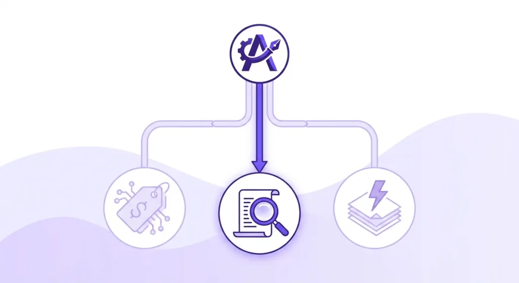Flat-design illustration of AI writing tool alternatives branching by use case — research, BYOK, and volume publishing