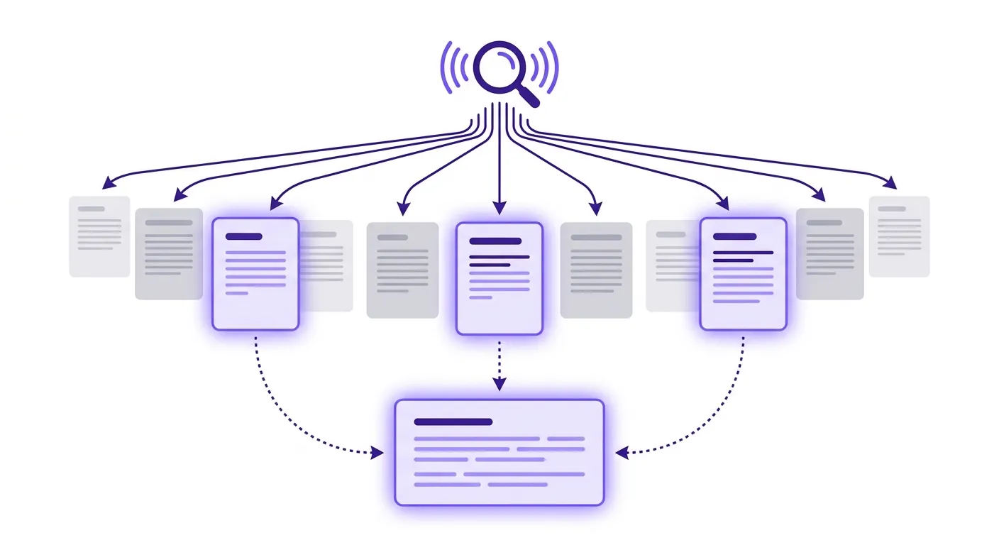 Diagram showing how Google query fan-out pulls individual passages from multiple pages to build an AI Overview