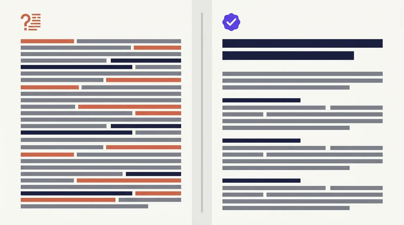 Before and after example of a multi-claim paragraph rewritten into a single-claim citable passage for AI Overviews