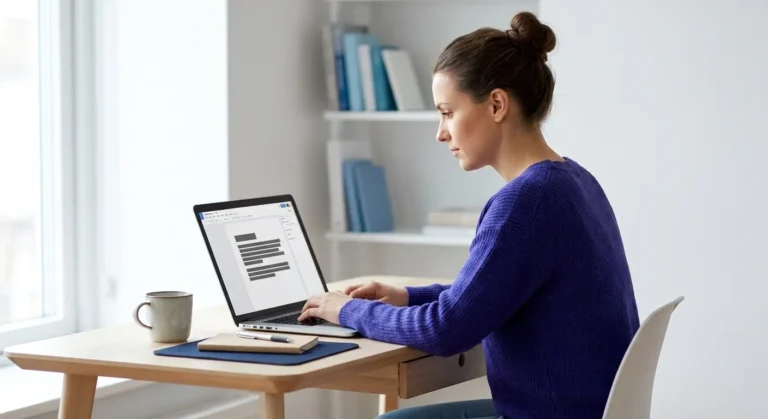 Content strategist at a minimal desk using a laptop to optimize structured passages for AI Overviews