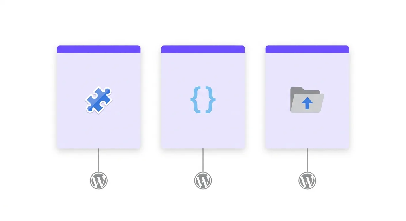 Comparison of three methods to add llms.txt to WordPress — plugin, PHP snippet, and manual upload