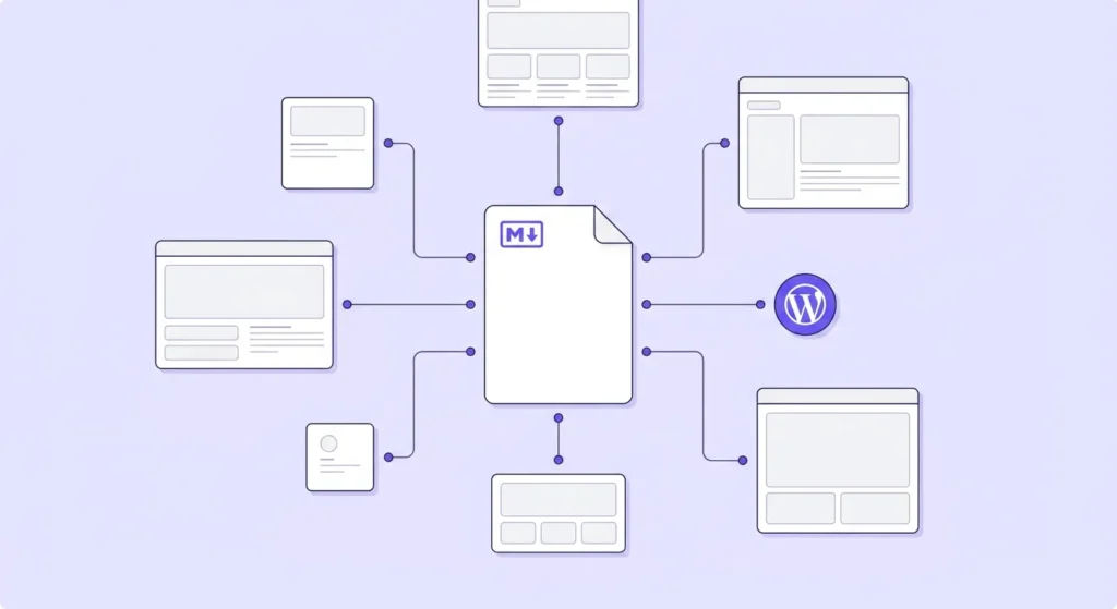 Flat-design illustration of an llms.txt file connecting to WordPress pages through structured links