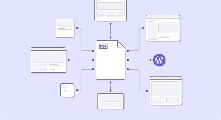 Flat-design illustration of an llms.txt file connecting to WordPress pages through structured links