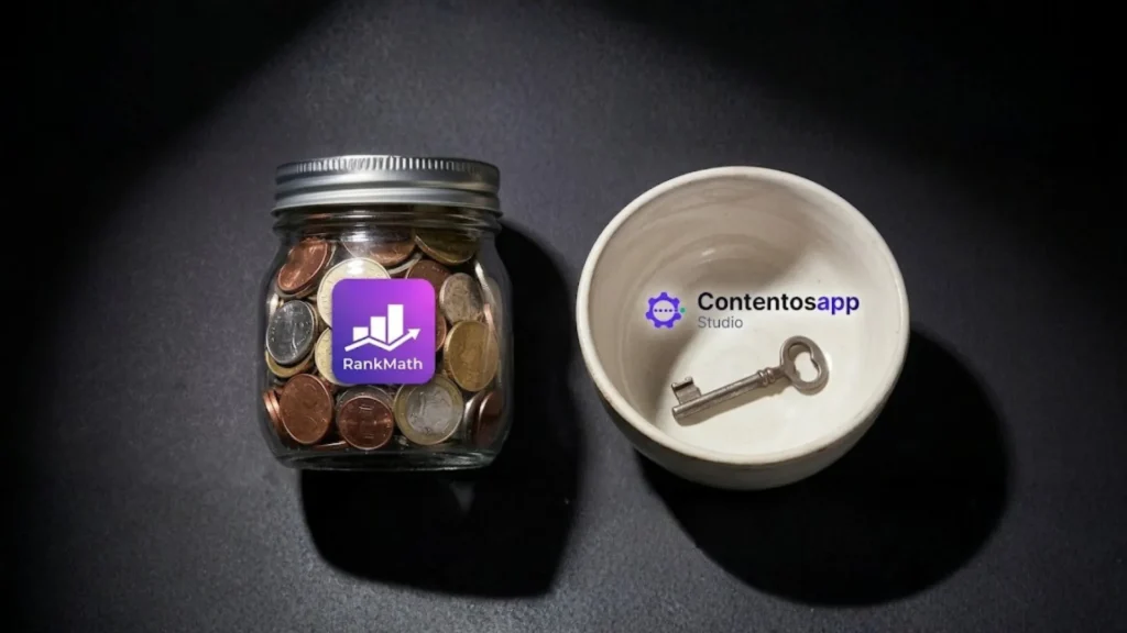 Rank Math Content AI credit jar vs Contentosapp Studio BYOK key on charcoal surface comparing billing models