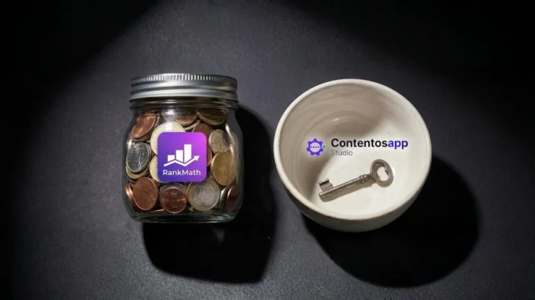 Rank Math Content AI credit jar vs Contentosapp Studio BYOK key on charcoal surface comparing billing models